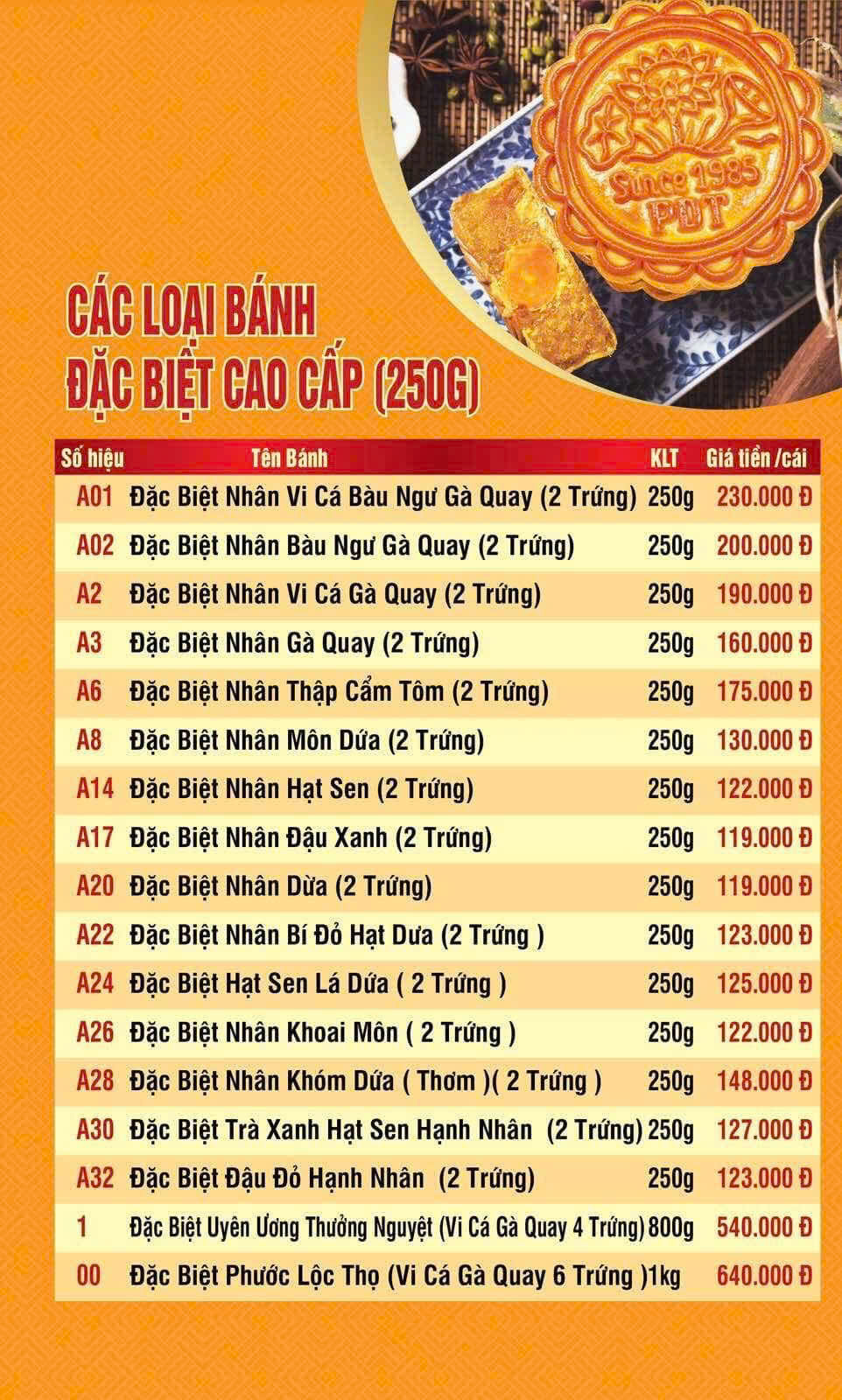menu các loại bánh đặc biệt cao cấp